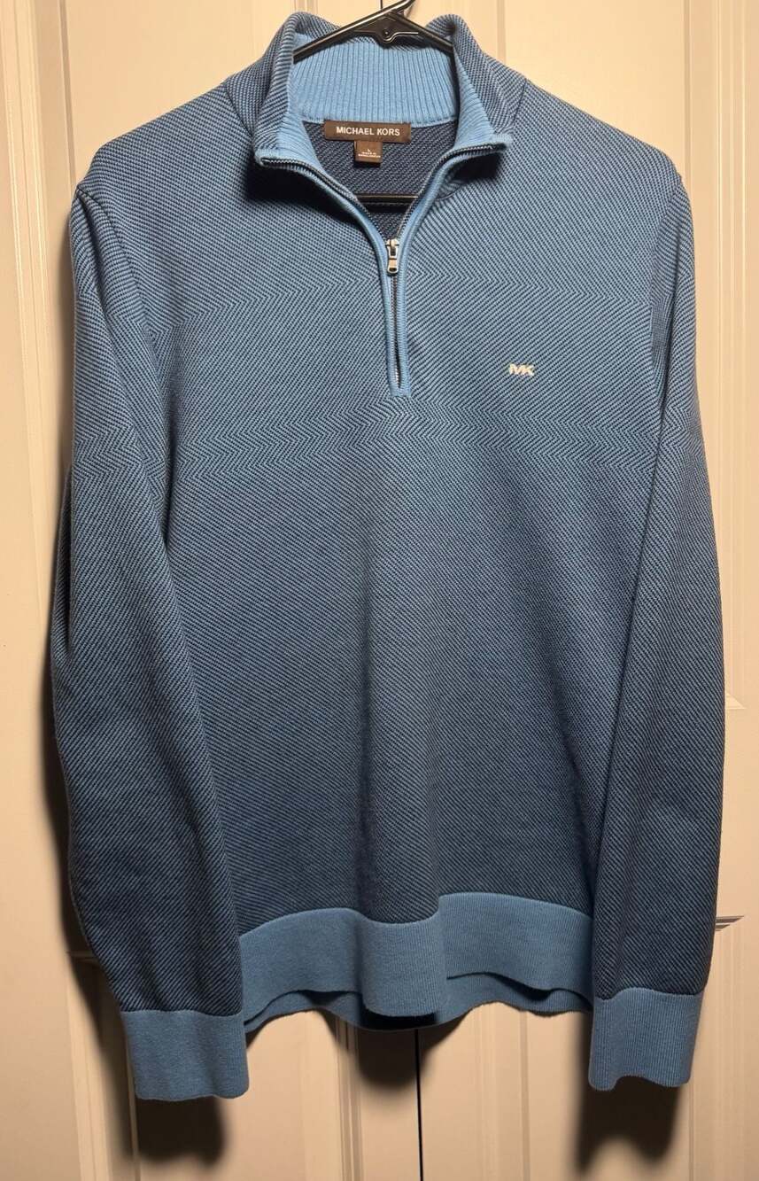 Michael Kors Men's 1/4 Zip Pullover Sweater Blue Textured Knit Cotton Size Large